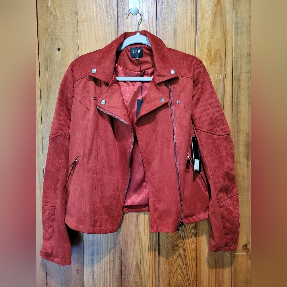 Women's Red Faux Suede Jacket with Quilted Sleeves - Picture 5 of 12